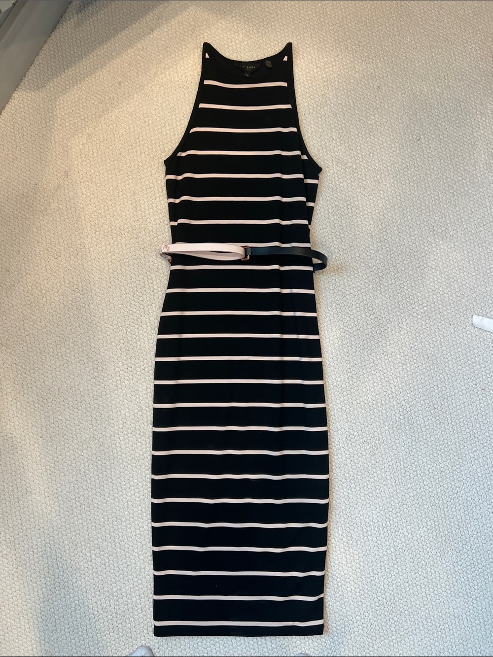 Ted Baker London Black and Cream Striped Midi Dress with Belt 0